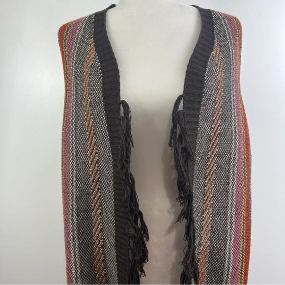 Wrangler New Brown Striped Fringe Sweater Vest Open Front Long Line Cardigan S - Picture 3 of 14